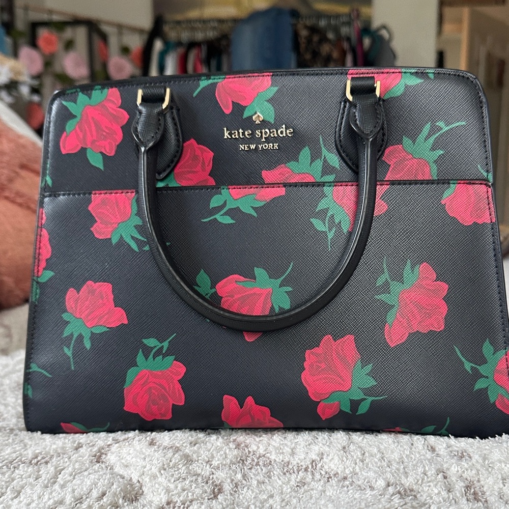 Like-new Kate Spade New York satchel stunning black leather bold red rose print